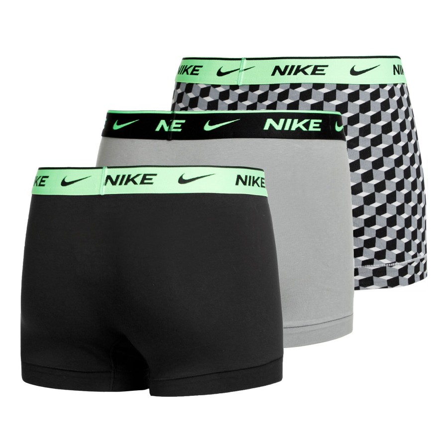 Tenniskleding Nike | Everyday Cotton Stretch Trunk Boxershort Verpakking 3 Stuks Heren Grijs, Neongroen